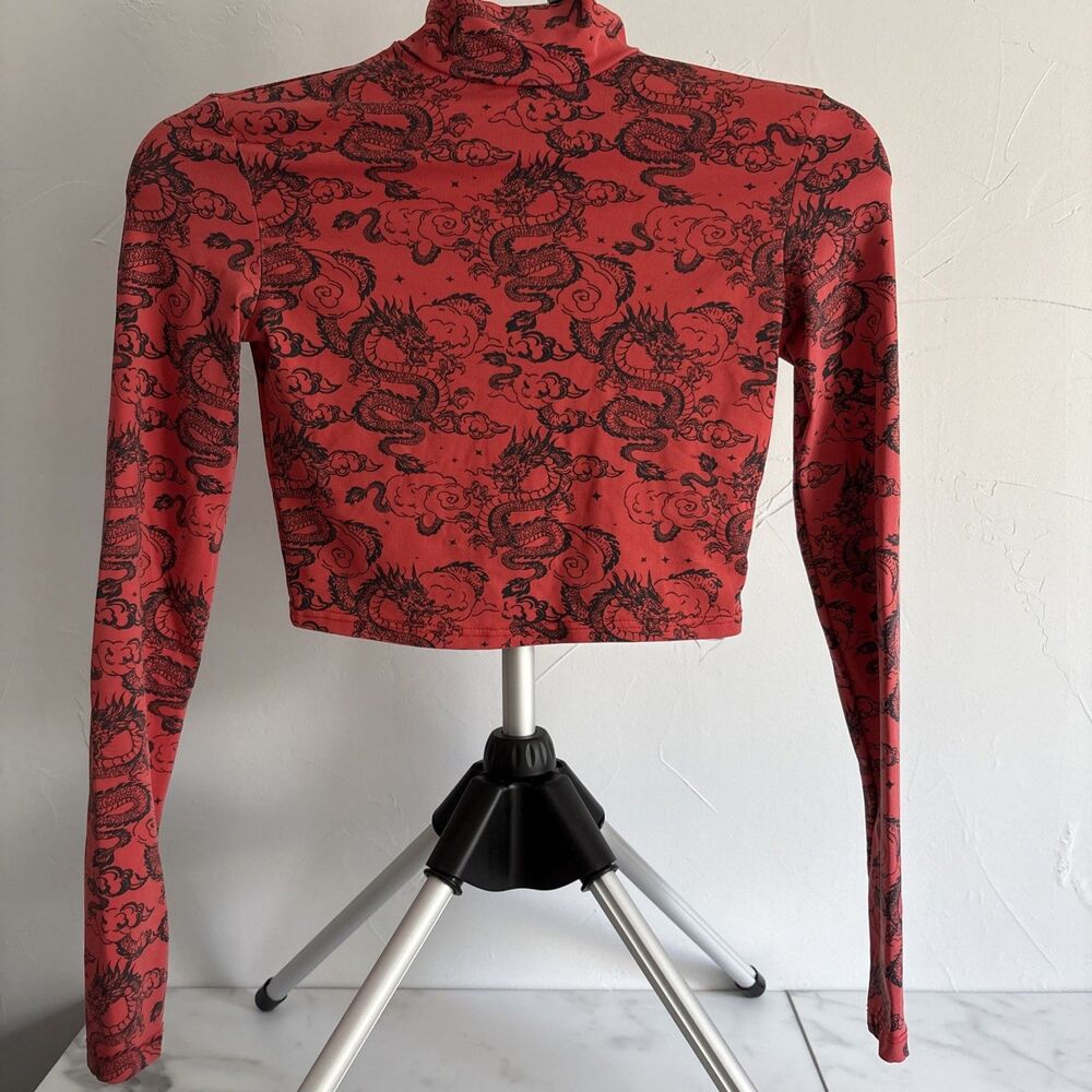 Bershka Y2K Red Dragon Tattoo Mock Neck Crop Top Size Large